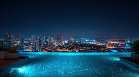 Stunning night view of city skyline illuminated by vibrant lights, featuring luxurious infinity pool that reflects shimmering water. scene evokes sense of tranquility and modern eleganceの素材