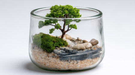 Miniature landscape featuring small tree, moss, and stones arranged in glass container creates serene and calming atmosphere. This decorative piece adds touch of nature to any spaceの素材