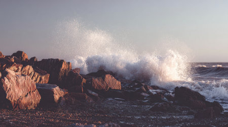Powerful wave crashes against rugged rocks along shore, creating stunning display of water spray and natural beauty. scene captures raw energy of ocean at sunsetの素材