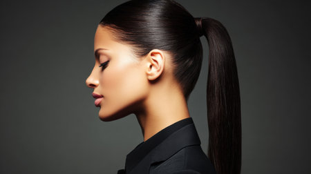 Sleek hairstyle showcases elegance and sophistication, highlighting smooth texture and shine of long, straight hair. profile view emphasizes facial features and polished lookの素材