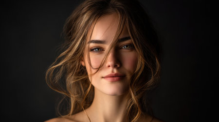 Captivating portrait of young woman with flowing hair and soft expression, set against dark background. lighting highlights her features, creating serene and intimate atmosphereの素材