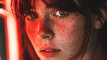 Close up portrait of young woman with striking freckles and captivating eyes, illuminated by warm, soft lighting that enhances her features and creates dramatic atmosphereの素材