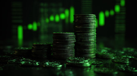 Stacks of coins are arranged against dark background, illuminated by green light, symbolizing financial growth and investment. vibrant green bars background represent market trends and financialの素材