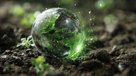 Glass globe representing Earth, surrounded by green particles, symbolizes environmental awareness and sustainability. scene is set rich soil with small plants, conveying growth and hope for planetの素材