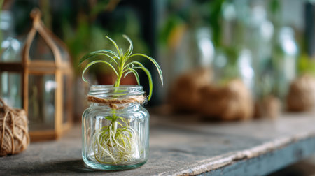 Small green plant in glass jar, showcasing delicate roots, sits on rustic wooden table. background features blurred greenery and decorative items, creating serene atmosphereの素材