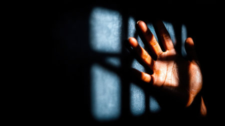 Hand reaching out against dark background, with shadows creating sense of confinement and longing. interplay of light and shadow evokes emotions of hope and despairの素材