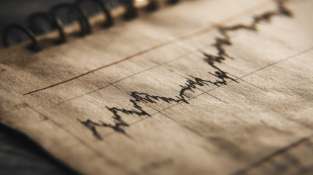 Close up view of vintage notebook page displaying financial graph with fluctuating lines, symbolizing market trends and analysis. aged paper adds sense of history and depth to financial dataの素材