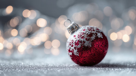 Sparkling red Christmas ornament covered in snow sits on glittery surface, surrounded by soft, blurred lights that create warm, festive atmosphereの素材