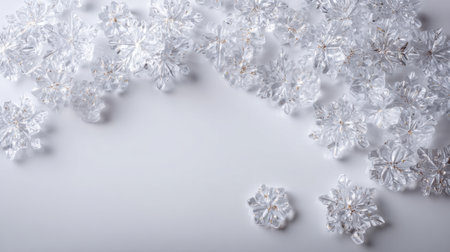 Crystal snowflakes scattered on smooth surface create serene winter atmosphere. delicate shapes and transparent material reflect light beautifully, enhancing seasonal charmの素材