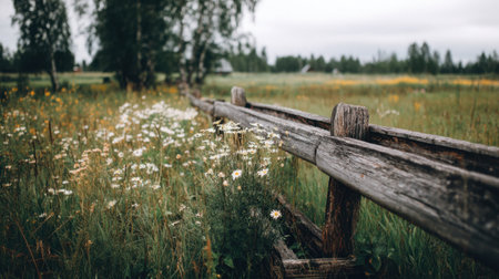 Rustic wooden fence lines vibrant meadow filled with wildflowers, creating serene and picturesque landscape. soft colors of flowers contrast beautifully with natural wood, evoking senseの素材