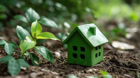 A charming small green house model rests on earthy soil, surrounded by lush green leaves, symbolizing growth and harmony with nature in a serene setting.の素材