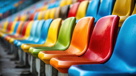 This image features a series of vibrant and colorful plastic stadium seats arranged in neat rows at an abandoned sports venue, showcasing urban aesthetics.の素材