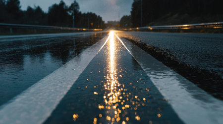 This captivating image captures a rainy road at dusk, featuring glowing light reflections on the wet asphalt surface. The ground-level perspective highlights a moody atmosphere that evokes feelings of solitude and calm.の素材