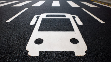 This image showcases a minimalist white car symbol painted on an urban road surface, emphasizing traffic safety and pedestrian awareness through its striking design.の素材