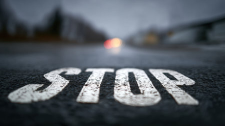 A detailed close-up captures a wet stop sign prominently displayed on a dark road during a rainy evening, with blurred vehicle lights enhancing the atmospheric mood.の素材