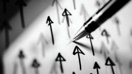 This abstract image features a myriad of arrows in black and white, representing movement and direction. A pen focuses on one arrow, symbolizing decision-making and goal orientation.の素材