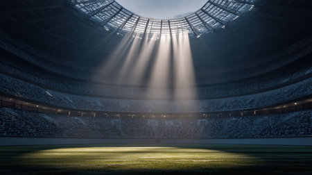 A breathtaking view of a modern stadium's interior, showcasing beams of sunlight shining through the roof onto the well-maintained grass field, creating a captivating atmosphere.の素材