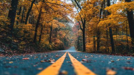 This stunning image captures a peaceful autumn road draped in vibrant orange and yellow leaves, framed by tall trees, offering a serene escape in nature.の素材