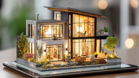 A beautifully crafted architectural model of a modern house showcased on a tablet. The model features warm lighting, detailed landscaping, and stylish interior design elements that inspire creativity and innovation in home planning.の素材