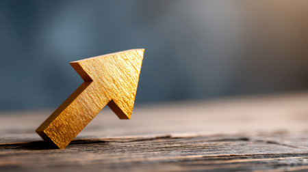 A golden arrow sits poised on a weathered wooden surface, symbolizing growth and progress. Its reflective surface catches the soft light, inspiring ambition and dynamism in a business context.の素材