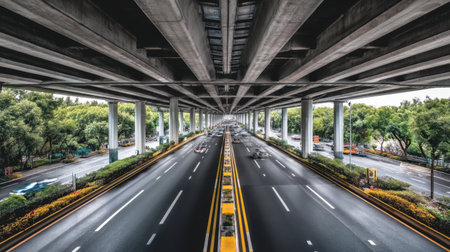 A captivating view of an urban roadway situated beneath an elevated highway, framed by lush greenery. The scene captures city life with vehicles, showcasing modern infrastructure and dynamic urban design.の素材
