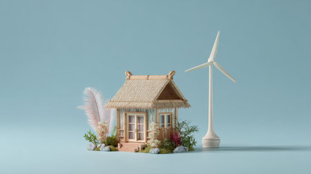 This charming miniature eco-friendly house model features a wind turbine and tropical plants, set against a soothing pastel background, showcasing sustainability.の素材