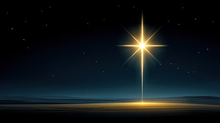 A radiant star beams brightly in a dark night sky, casting a soft glow over a serene landscape. The enchanting scene evokes feelings of peace and tranquility.の素材