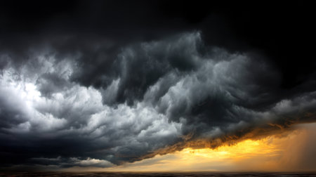 Experience the mesmerizing beauty of a dramatic storm cloud formation over a distant horizon, with golden sunlight breaking through the dark, moody sky.の素材