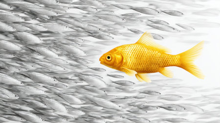 A stunning image of a vibrant goldfish swimming amongst a school of monochrome fish, showcasing a unique contrast of colors and textures in an underwater scene.の素材