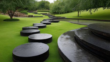 A tranquil garden showcasing a pathway of black stones on lush green grass, surrounded by leafy trees and reflective water features, perfect for relaxation and beauty.の素材