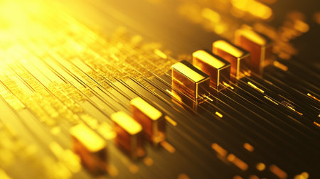 Gold-colored bars on a graph with upward trends, set against a shiny gold gradient background.の素材