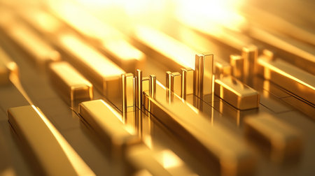 Gold-colored bars on a graph with upward trends, set against a shiny gold gradient background.の素材