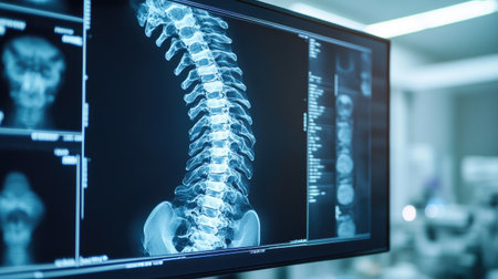 Modern digital X-ray display of a spine curvature issue, viewed on a high-resolution computer screen.の素材