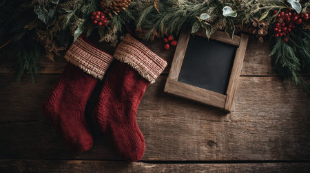 A festive arrangement showcasing red stockings and a rustic frame surrounded by lush greenery and pine cones. Perfect for holiday themes and warm seasonal imagery.の素材