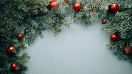 Captivating image of Christmas tree branches adorned with shiny red ornaments, set against a soft blue background. Perfect for holiday-themed projects and festive decor.の素材
