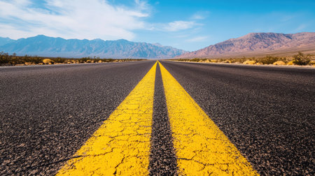 A long stretch of highway with bold yellow traffic lines, leading through a desert landscape with distant mountainsの素材