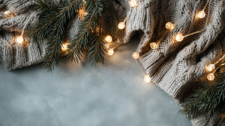 A heartwarming winter scene featuring a cozy knitted sweater, twinkling fairy lights, and lush pine branches, perfect for evoking festive spirits and warmth.の素材
