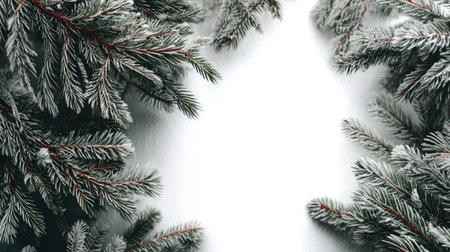 A beautiful arrangement of frosted evergreen branches creates a serene frame around a blank space, ideal for winter designs, holidays, and seasonal greetings.の素材