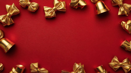 A captivating arrangement of golden bows and bells on a rich red background, perfect for adding a touch of elegance to holiday celebrations and gift wrapping.の素材