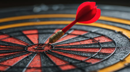 A stunning close-up shot of a red dart embedded in the bullseye of a dartboard. The image captures the essence of precision and excitement in target games.の素材