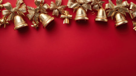 Immerse yourself in the festive spirit with this elegant arrangement of golden Christmas bells and decorative bows on a vibrant red background, perfect for holiday themes.の素材