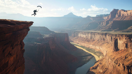 Base jumper leaping off a cliff edge, parachute trailing behind, with a vast canyon landscape belowの素材