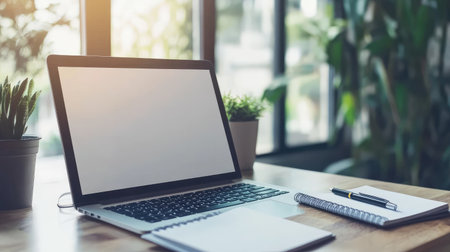 Open laptop on a desk with a blank notepad and pen, ready for work in a contemporary office setting.の素材