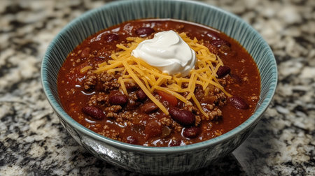 A bowl of warm, homemade chili with a dollop of sour cream and shredded cheese.の素材