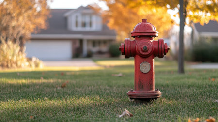 A red fire hydrant standing out against a green lawn in a quiet suburban neighborhoodの素材
