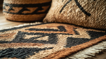 Close-up of a woven rug with geometric patterns in earthy tones, creating a cozy, rustic backdrop.の素材