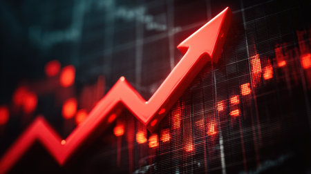 This striking image showcases a rising financial graph featuring a bold red arrow, symbolizing growth and success in a modern business landscape.の素材