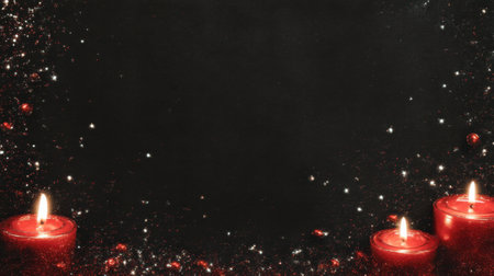 A captivating arrangement of red candles gently glowing against a dark backdrop, surrounded by shimmering decorations that create a warm and inviting atmosphere perfect for celebrations.の素材