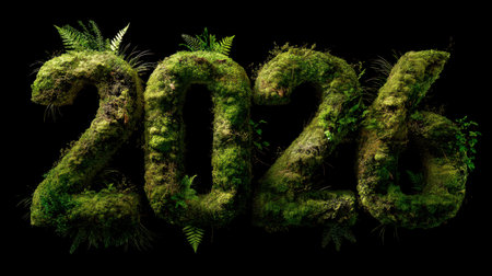 This artistic representation features lush green numbers forming 2026, emphasizing themes of sustainability and nature against a dark backdrop, perfect for eco-related projects.の素材