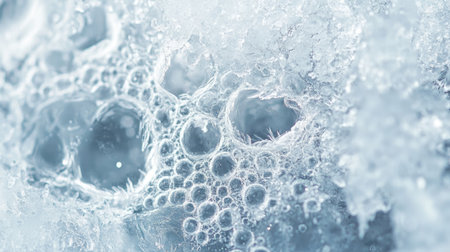Close-up of an ice texture with cracks and bubbles trapped inside, providing a cold and frosty background.の素材